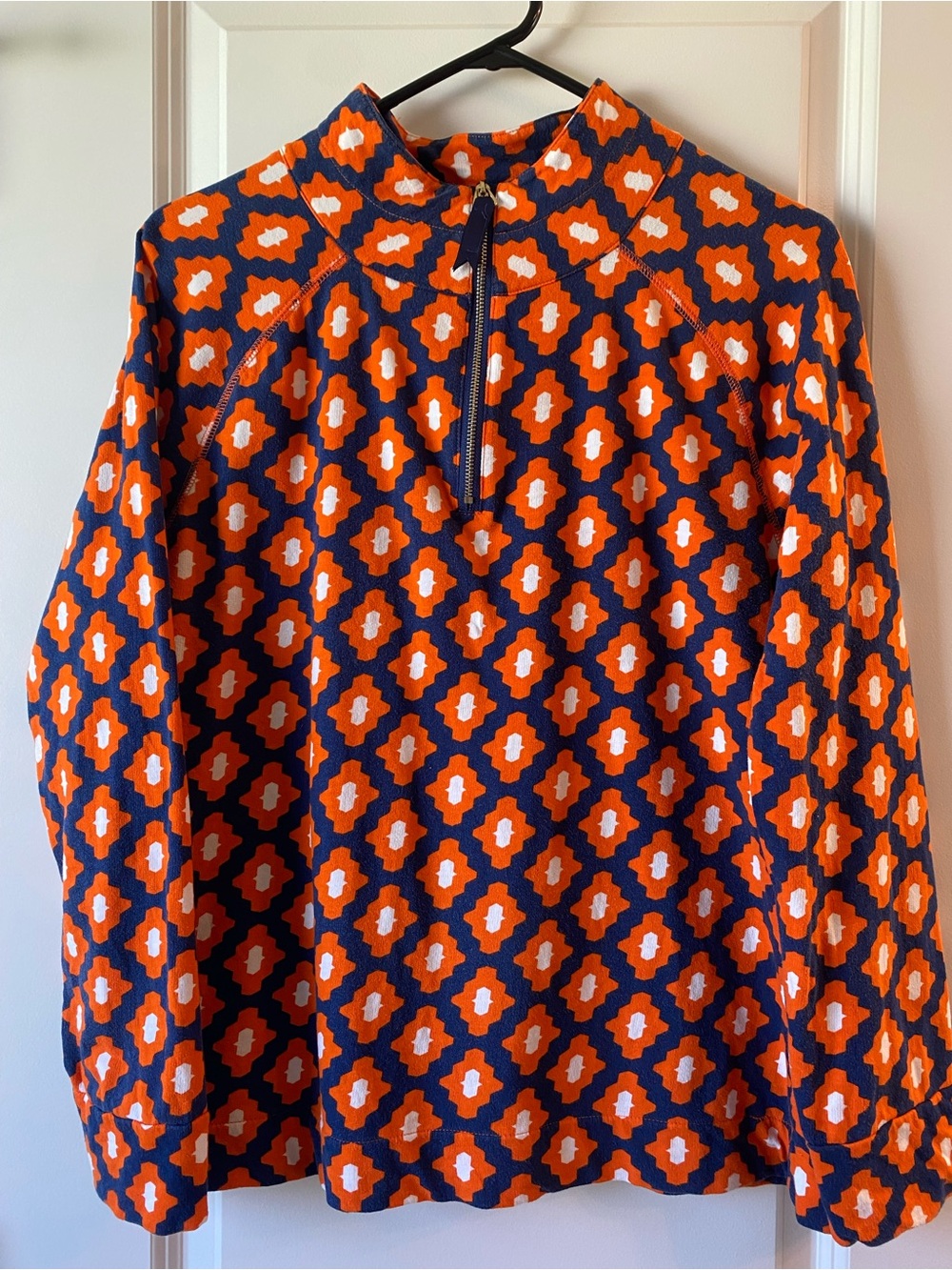 Mud Pie Mod poppy Pullover. Orange, Navy & White Geo-Print Long Sleeve.
